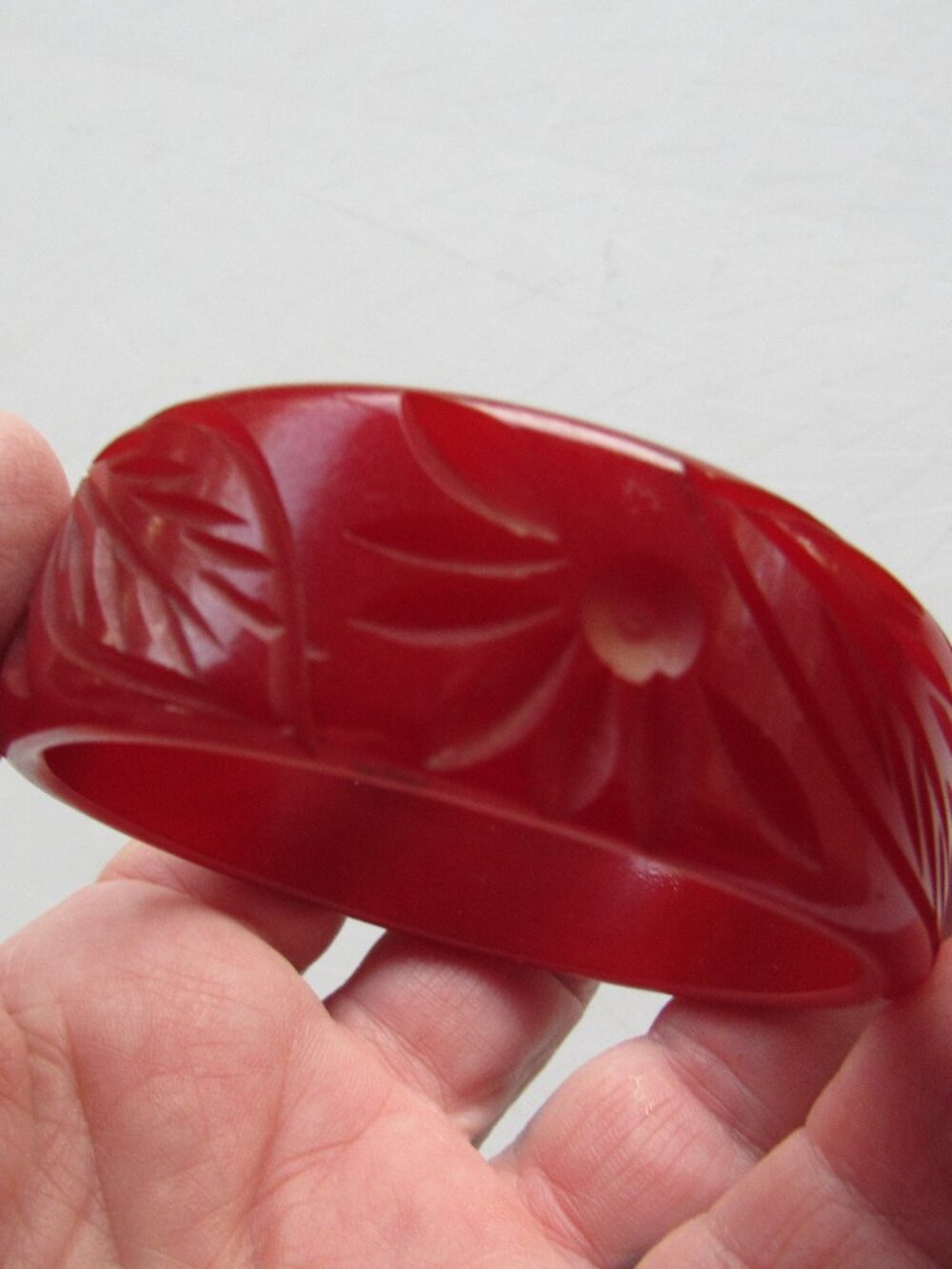 Cherry Red Semi Translucent Carved BAKELITE Bangle Tested